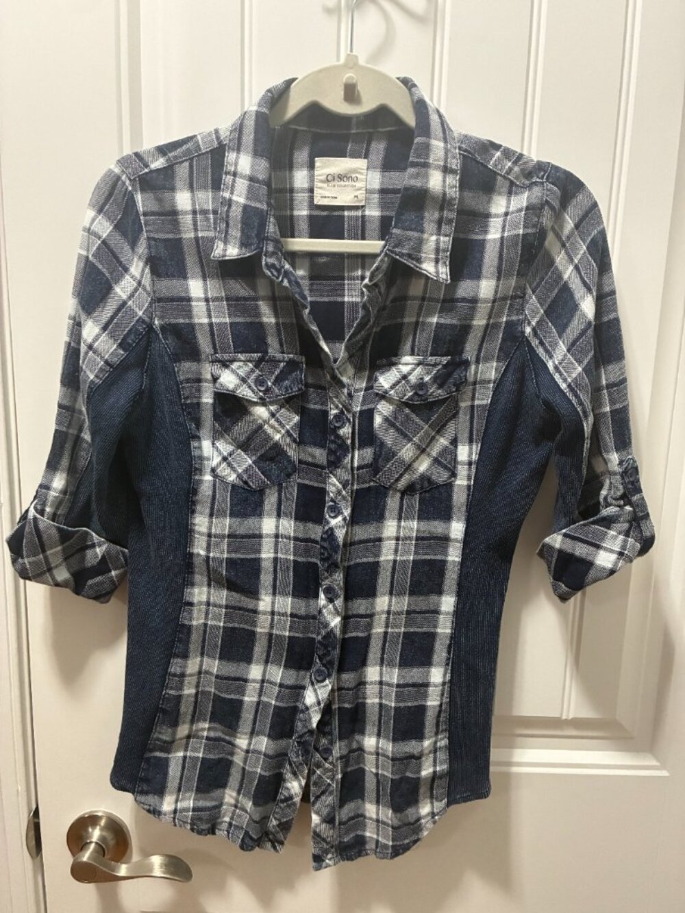 Ci Sono Blue & White Plaid Button Down Shirt Ribbed Knit Side Panels XL